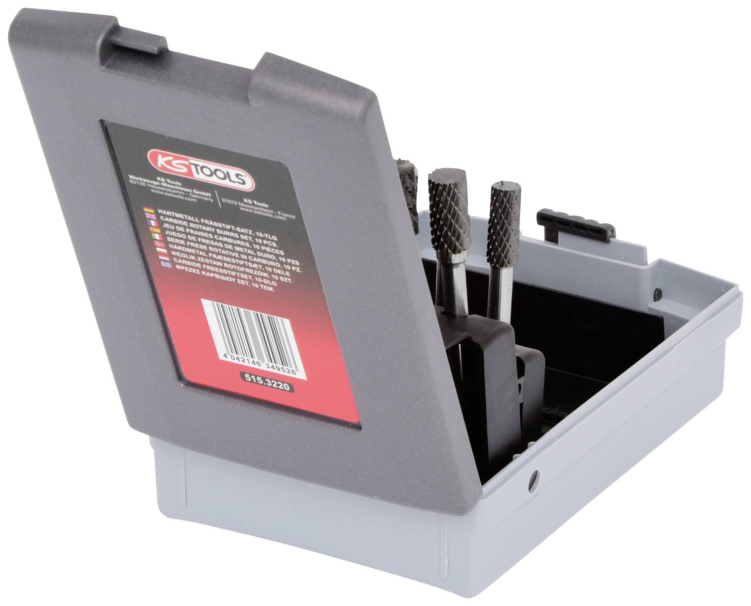 Coffret de fraises à queue 'KS Tools' dans un boîtier gris ouvert, comprenant quatre fraises en acier, adaptées pour l'usinage des métaux.