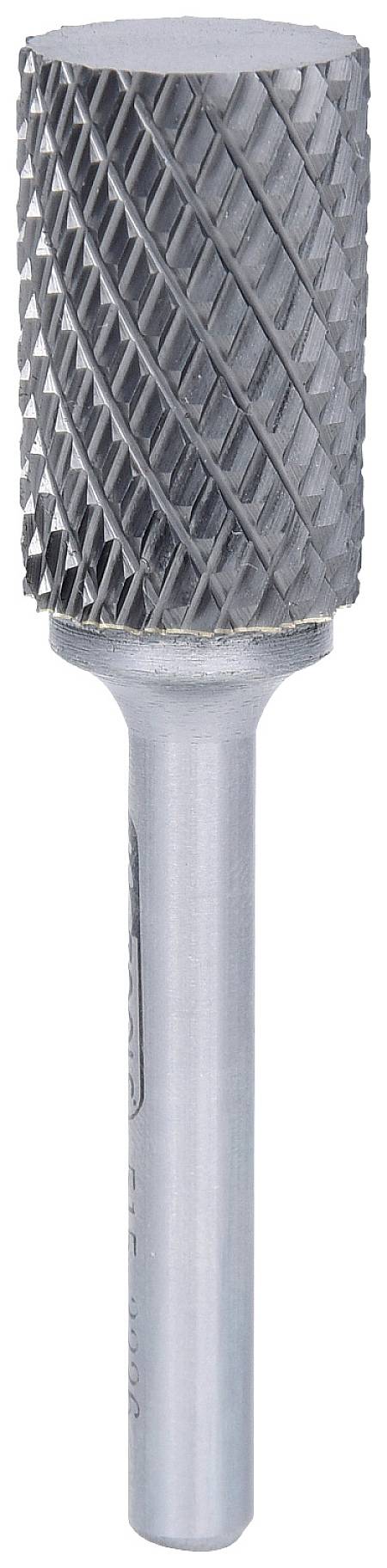 Fraise en métal à tête cylindrique et denture croisée, adaptée pour lisser ou mettre en forme des matériaux durs.