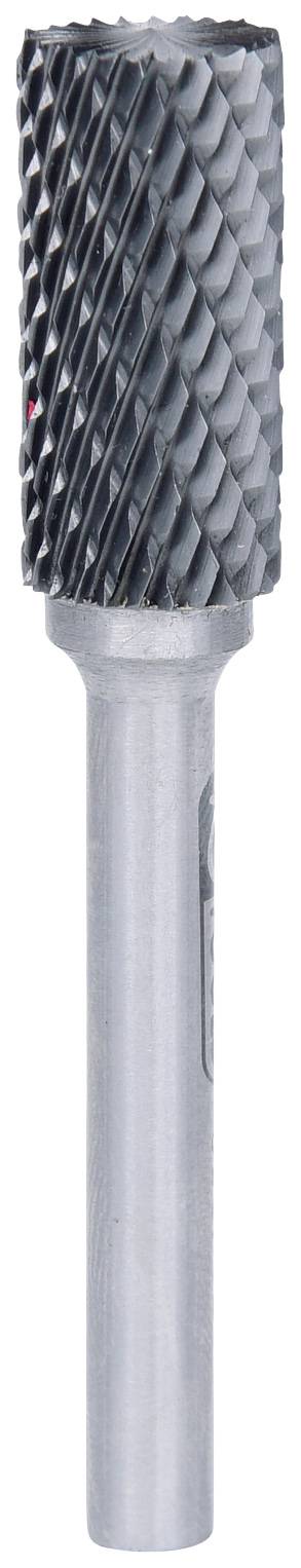 Fraise à tête cylindrique avec dents de coupe hélicoïdales, adaptée pour l'usinage des métaux ; tige argentée, tête noire.