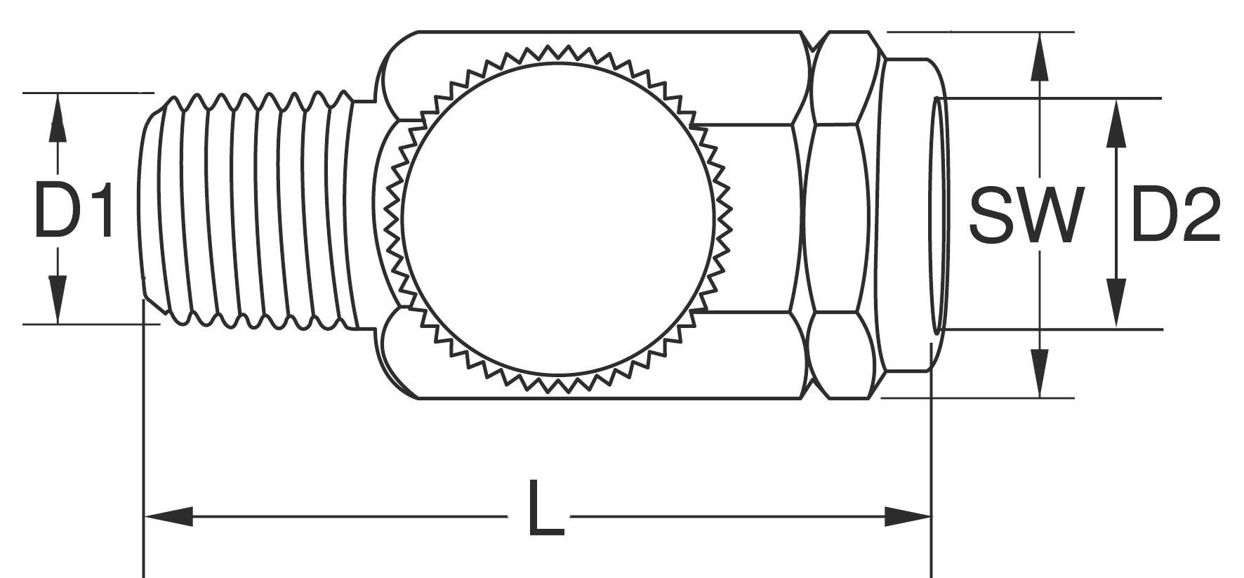 Dessin technique d'un raccord cylindrique fileté à gauche, avec deux diamètres (D1, D2), longueur (L) et largeur de clé (SW).