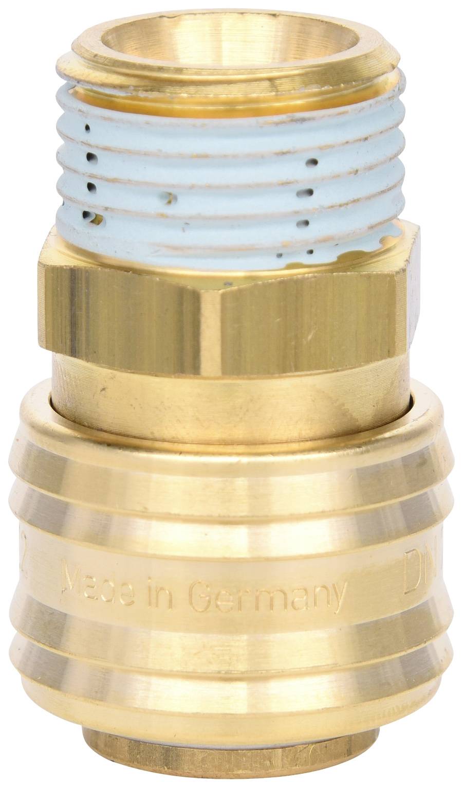 Raccord en laiton avec filets bleus, gravé 'Made in Germany'. Composant pour installation de chauffage ou sanitaire.