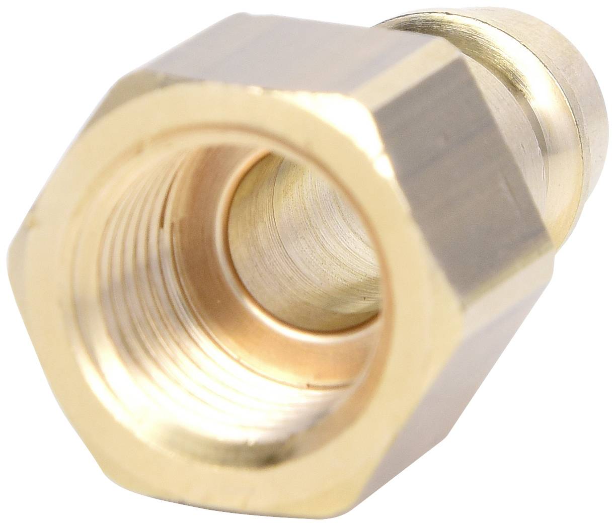 Un raccord de tuyau métallique en laiton avec filetage extérieur, adapté pour la connexion de tuyaux ou de flexibles dans les domaines sanitaires ou industriels.