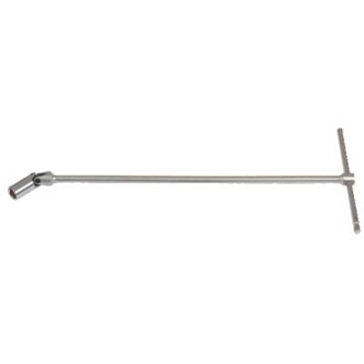 Une clé à cliquet en T à long manche, avec une articulation à une extrémité, adaptée pour desserrer ou serrer des écrous et des boulons.