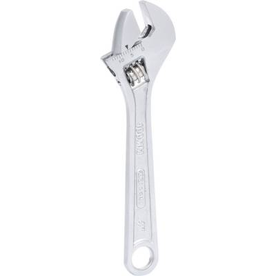 Une clé à molette argentée réglable avec échelle de mesure sur un fond blanc.