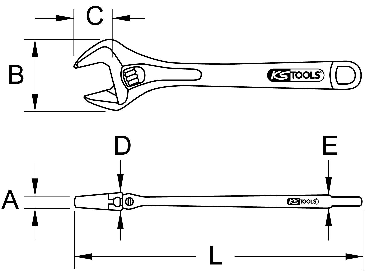 Un dessin d'une clé à molette réglable avec dimensions A à E. Sont marquées la largeur des mâchoires (C), la hauteur de tête (B), la longueur totale (L).