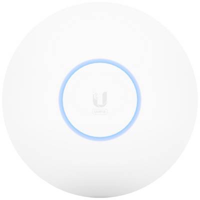 Un point d'accès UniFi blanc et rond avec un anneau lumineux bleu au centre.