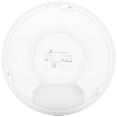 Dos d'un appareil Ubiquiti UniFi blanc avec impression du modèle. Contient des informations techniques et des logos de certification.