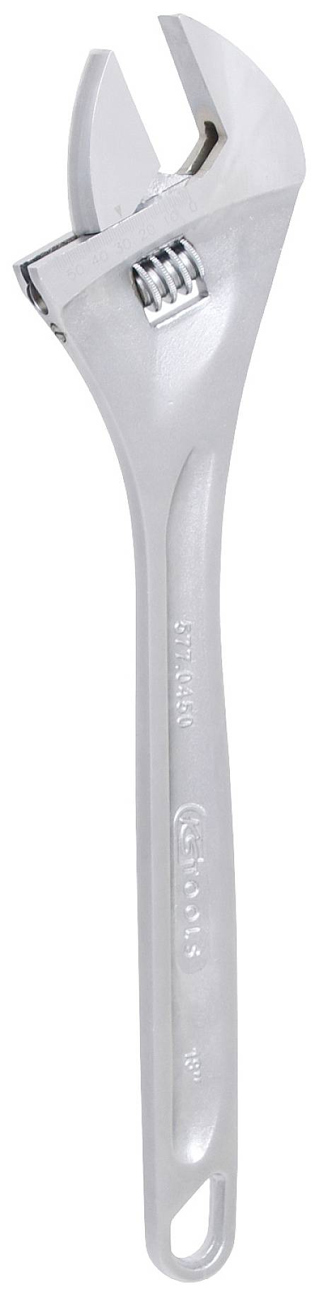 Une clé à molette argentée sur un fond blanc. Elle est en métal et possède une mâchoire crantée pour saisir les vis.