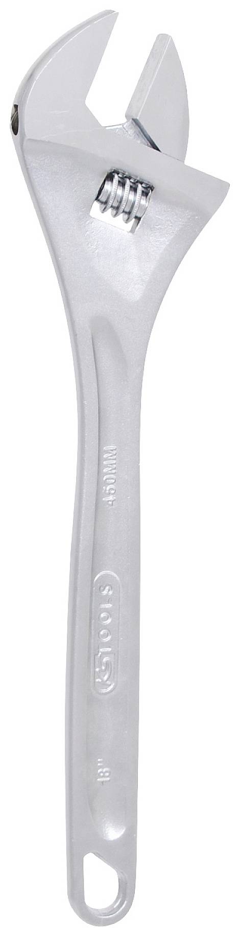 Une clé à molette en métal, en position ouverte. Outil permettant de s'adapter à différentes tailles de vis.