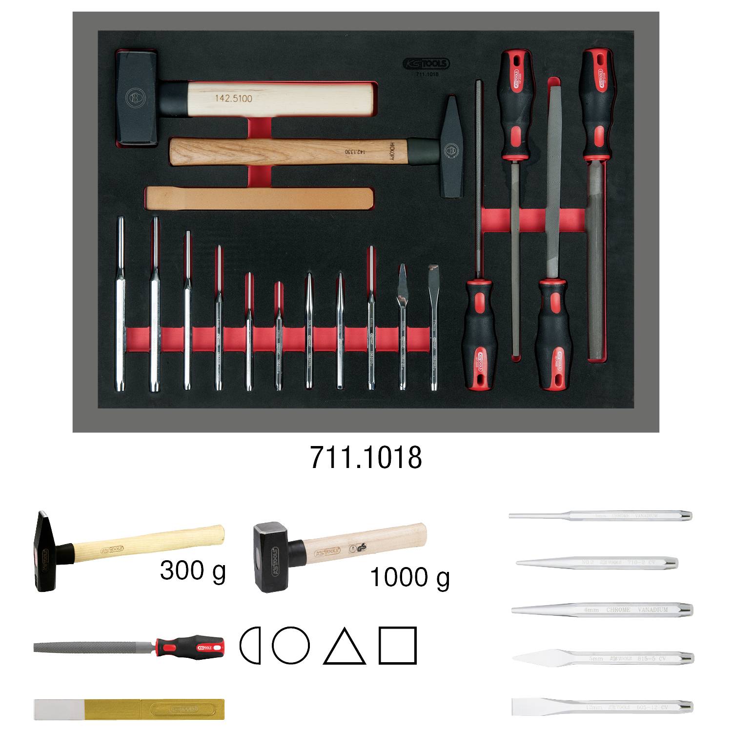 'Ensemble d'outils avec support en mousse : Marteau, limes, tournevis, burins, 300g, 1000g. Formes et tailles diverses.'