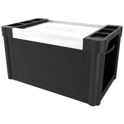 Boîte de rangement en plastique avec poignée intégrée sur le côté, de construction robuste, adaptée au stockage polyvalent.