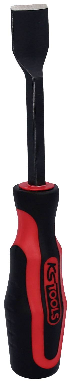 Un ciseau à main noir et rouge avec manche en plastique, adapté aux travaux sur bois ou pour enlever des matériaux.
