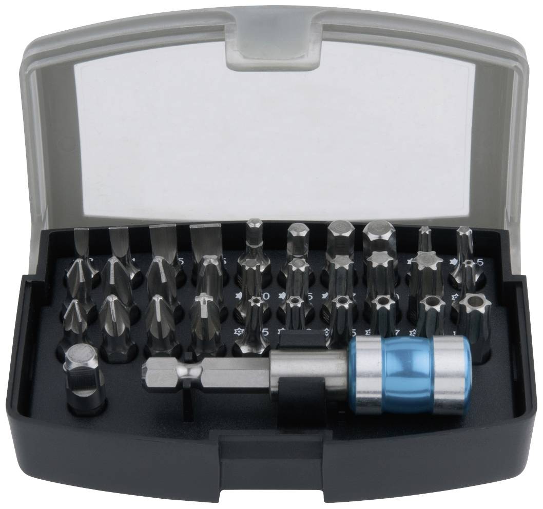 Ensemble de tournevis avec différents embouts dans un boîtier noir ouvert à couvercle transparent, comprenant des embouts Torx, Phillips et à tête plate.