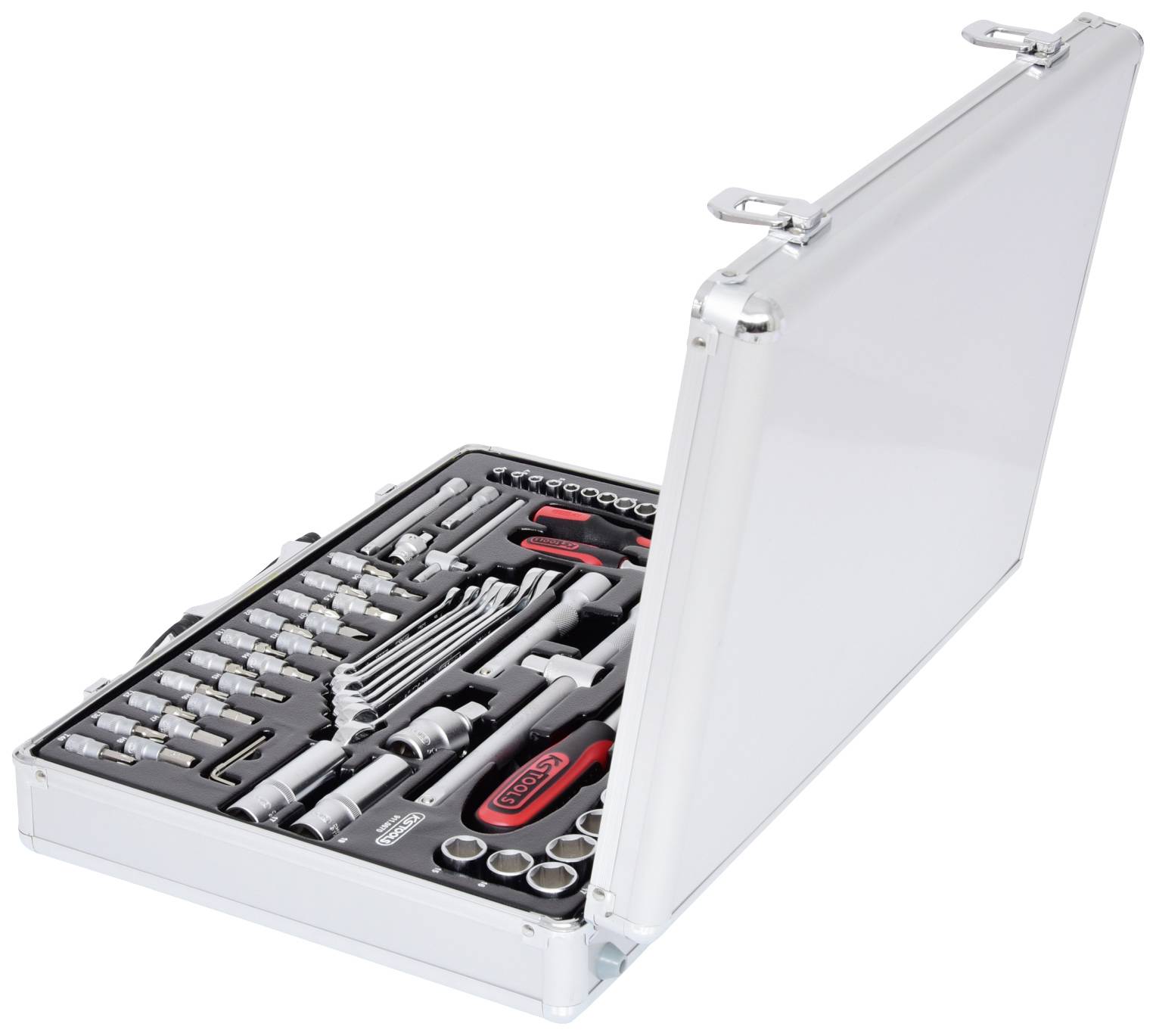 Une boîte à outils ouverte avec différentes clés à douille, tournevis et pinces, rangés dans des compartiments.