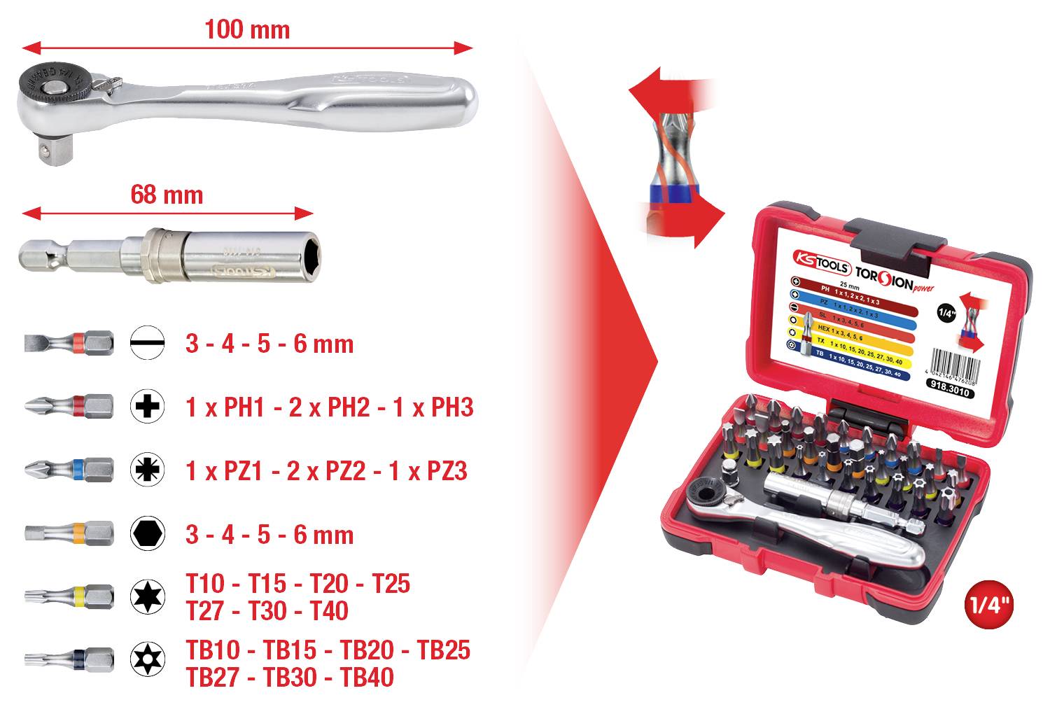 Coffret de clés à cliquet avec douilles de 1/4 de pouce et embouts de différentes tailles. Comprend des embouts PH, PZ, Torx et plats dans un étui.