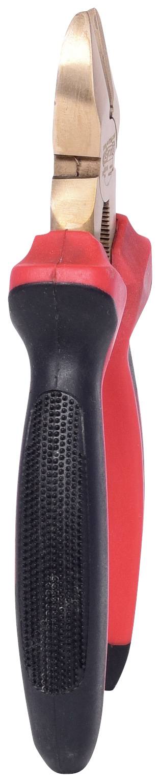 Une pince multifonction rouge et noire avec des poignées en caoutchouc. Elle est ouverte et montre la surface de coupe dentelée.