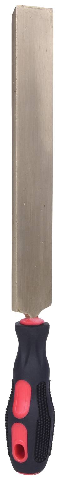 Lime en métal avec manche rouge et noir, utilisée pour lisser les surfaces et les bords dans les travaux artisanaux.