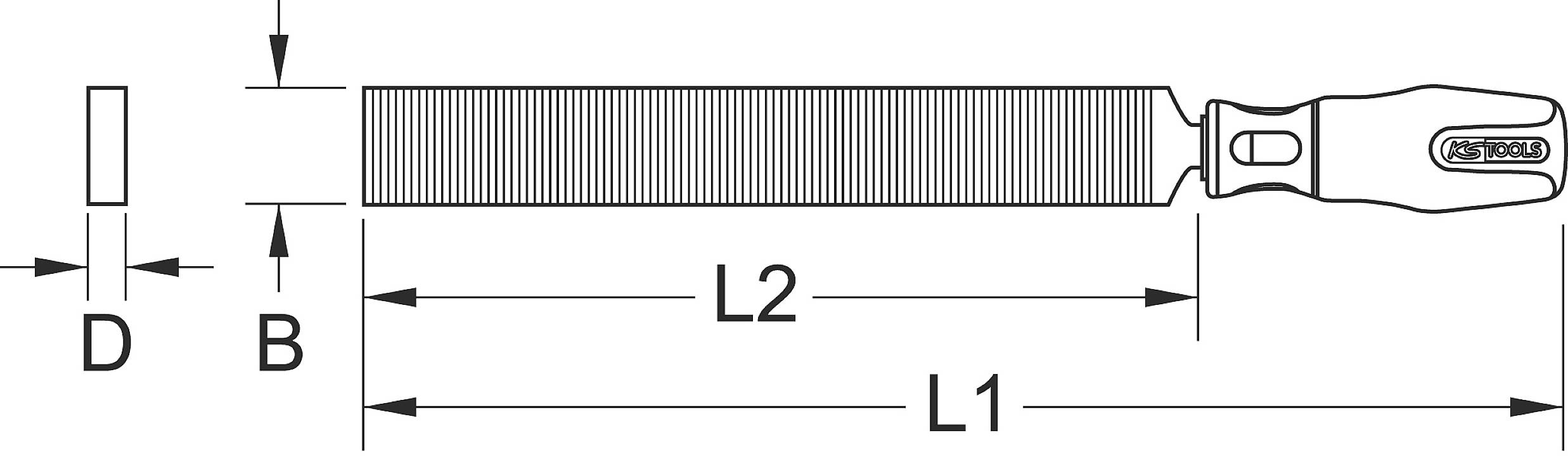 Dessin technique d'une lime avec dimensions. Les longueurs L1 et L2, ainsi que la largeur B et le diamètre D sont indiqués. Poignée à droite.