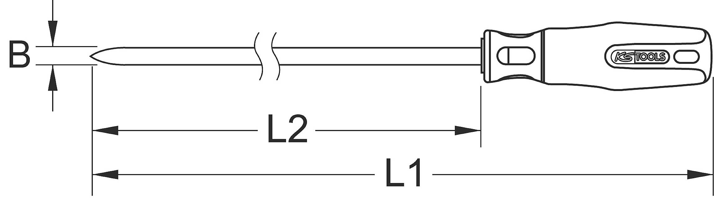 Illustration d'un tournevis avec indications de dimensions. La longueur du manche (L2) et la longueur totale (L1) sont marquées. Le diamètre du manche (B) est également indiqué.