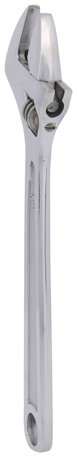 Une clé à molette réglable en métal à surface brillante, posée verticalement.