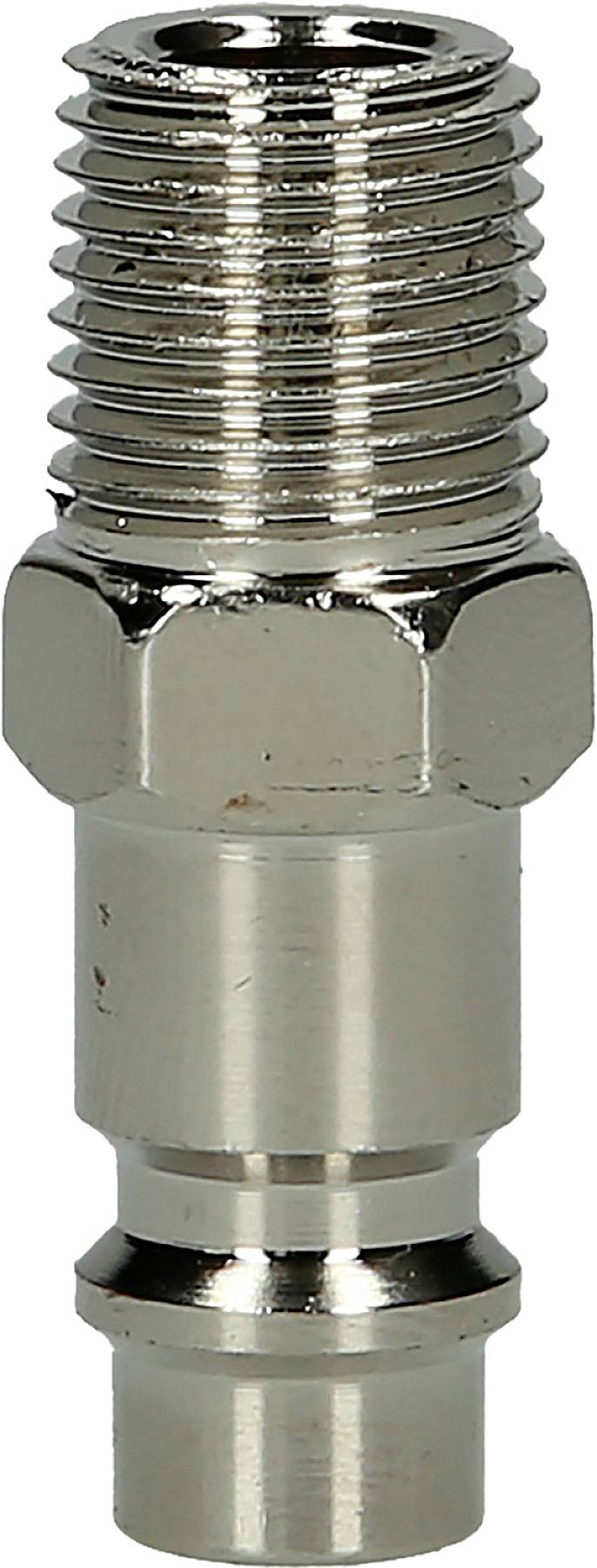 Pièce de jonction métallique filetée avec sections hexagonales de l'écrou, utilisée pour fixer des tuyaux ou des tubes.