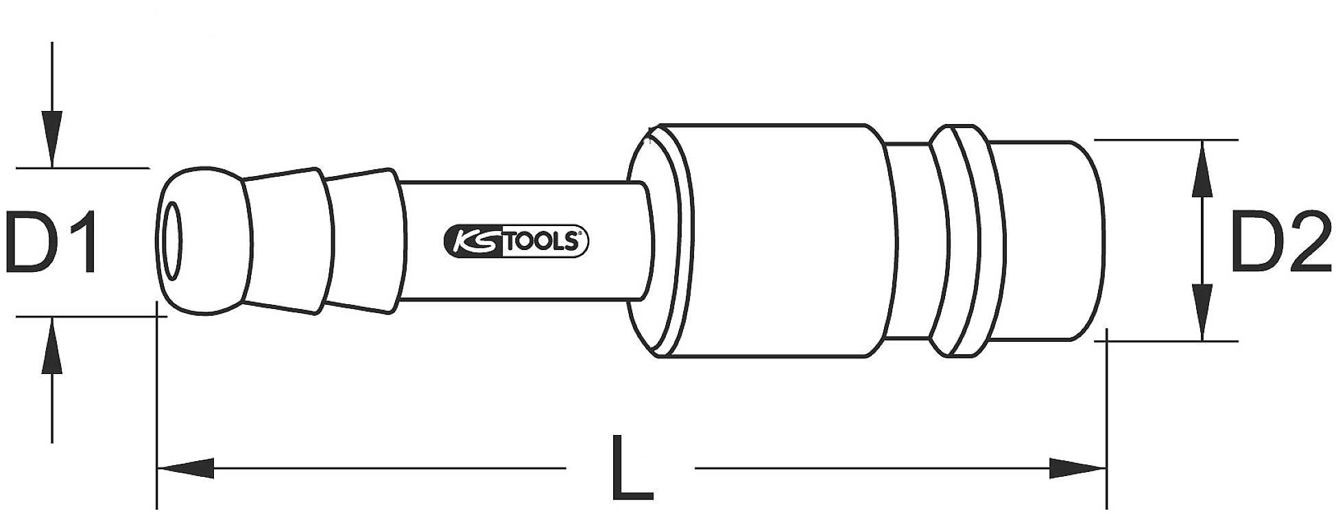 Schéma d'un raccord rapide avec les dimensions D1, D2 et L. Texte 'KS Tools' sur l'élément de connexion.