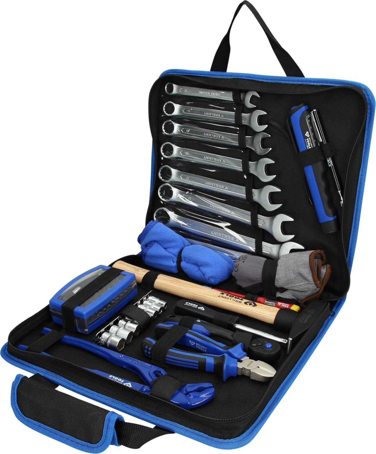 Un ensemble d'outils ouvert dans un sac bleu montre différentes clés, des pinces, un marteau et des pièces de rechange.