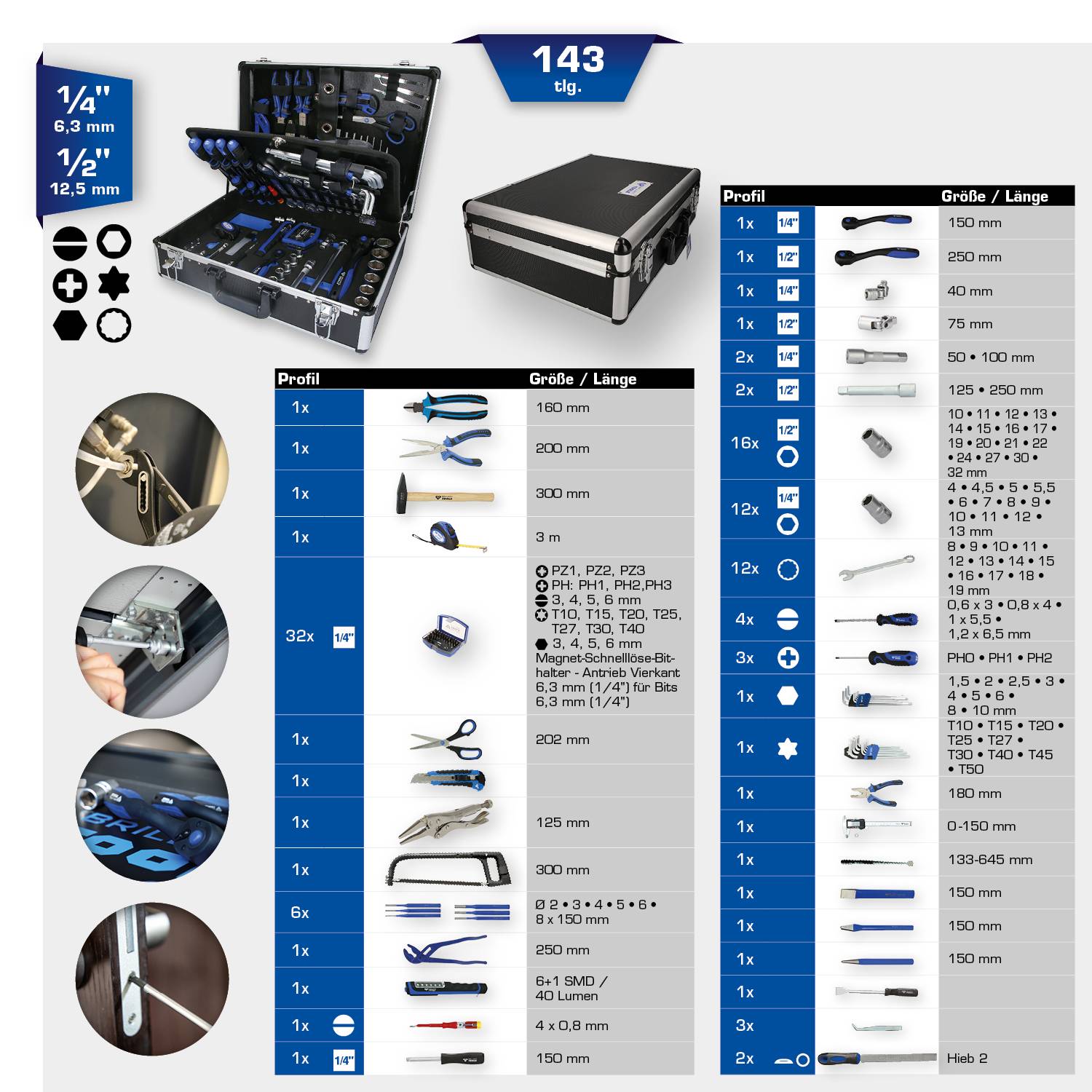 Coffret à outils comprenant 143 pièces, incluant des clés, des pinces et des tournevis. Dimensions indiquées : 1/4" et 1/2".