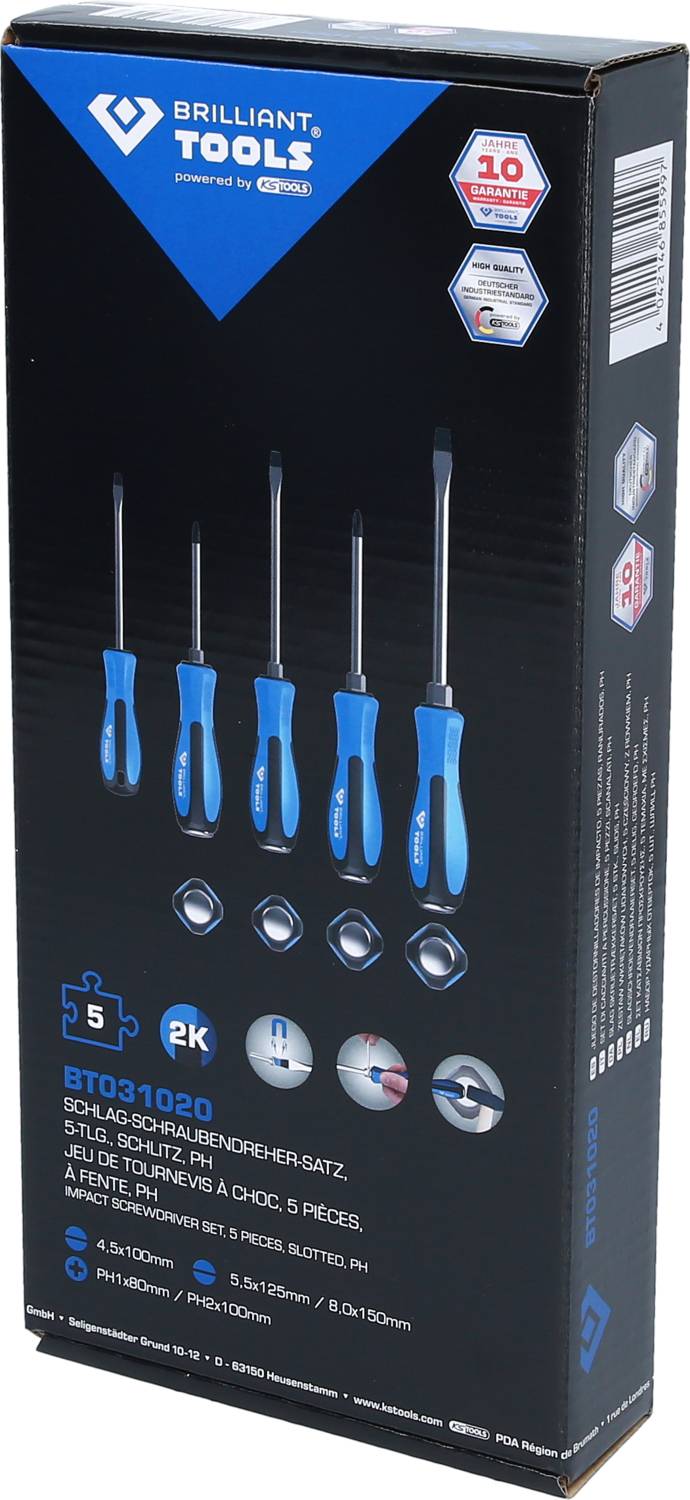 'Lot de 5 tournevis bleus en carton. Contient différentes tailles. Marque : Brilliant Tools. Adapté à des applications universelles.'