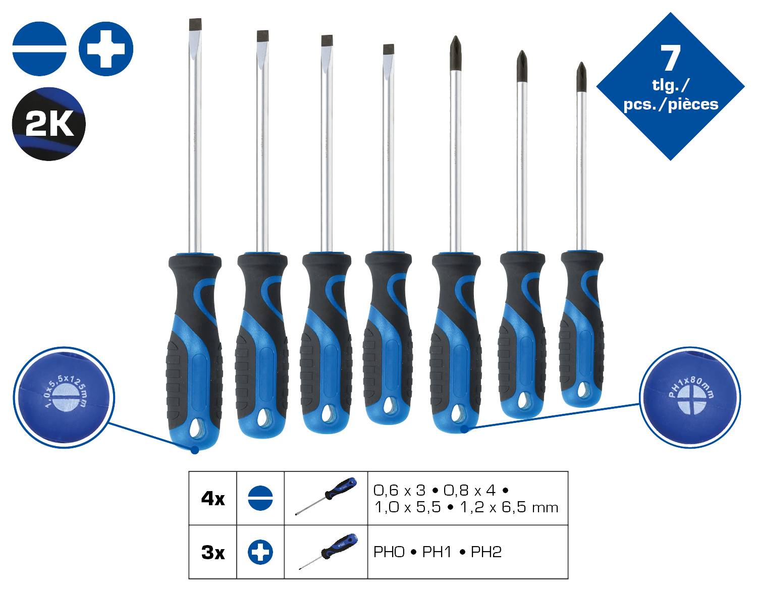 Ensemble de tournevis en 7 pièces avec différents types et tailles de lames. Comprend des tournevis à tête plate et cruciforme.