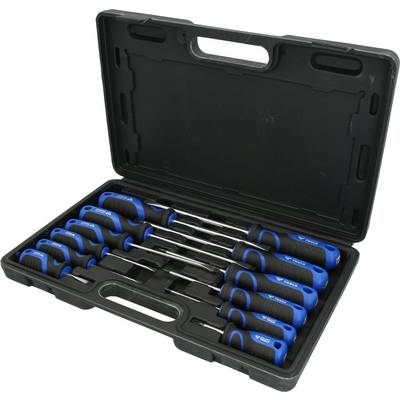 Une valise ouverte contenant un ensemble de neuf tournevis bleus de différentes tailles, disposés en deux rangées.