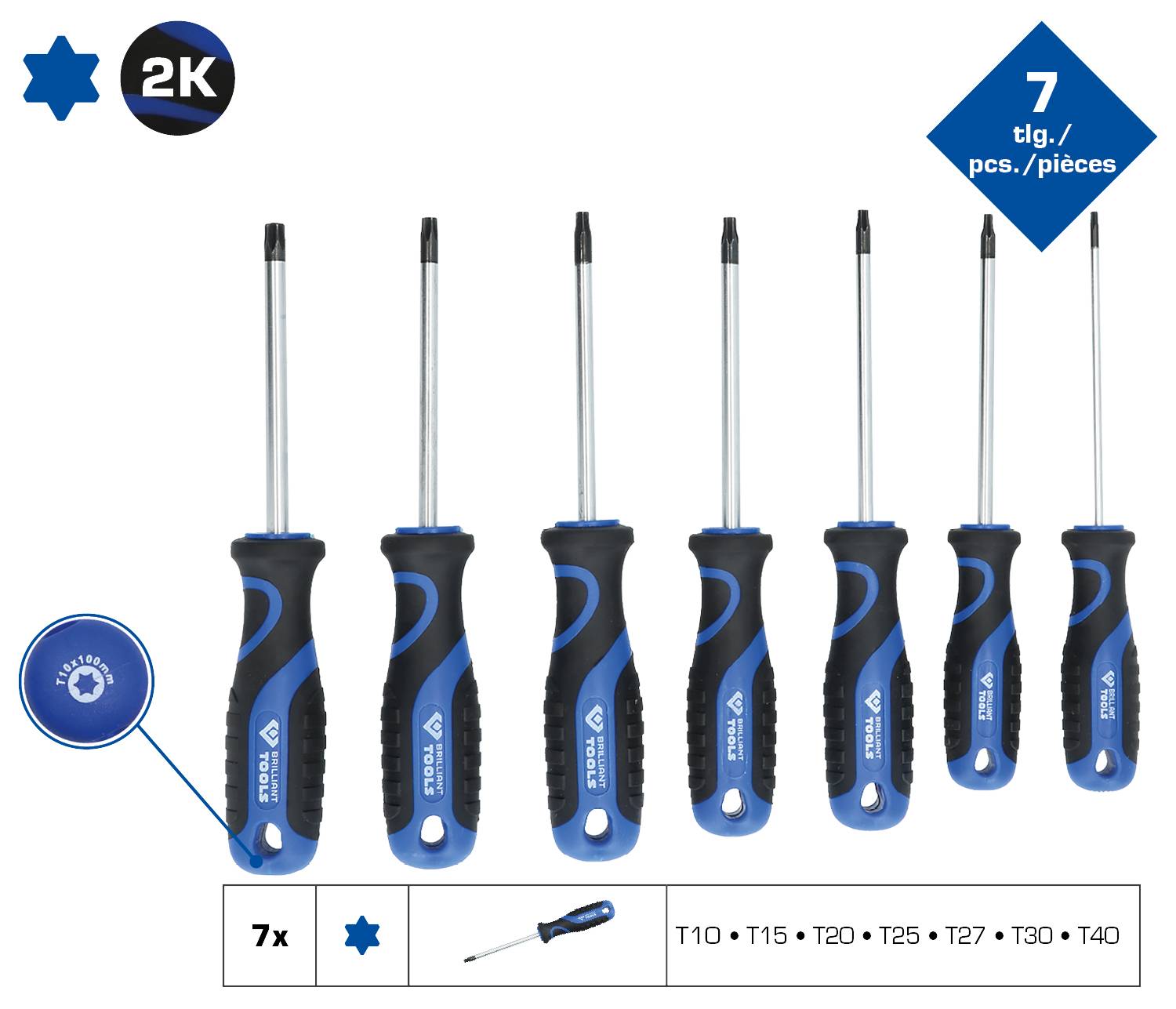 'Jeu de sept tournevis bleus de différentes tailles, marqués T10, T15, T20, T25, T27, T30 et T40.'