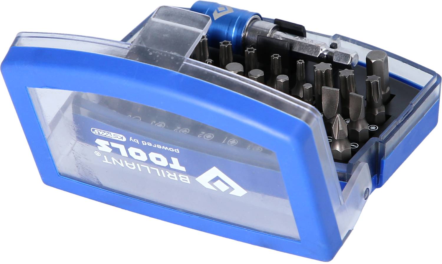 Un récipient en plastique bleu portant l'inscription 'Brilliant Tools' contient divers embouts de tournevis de différentes formes et tailles.