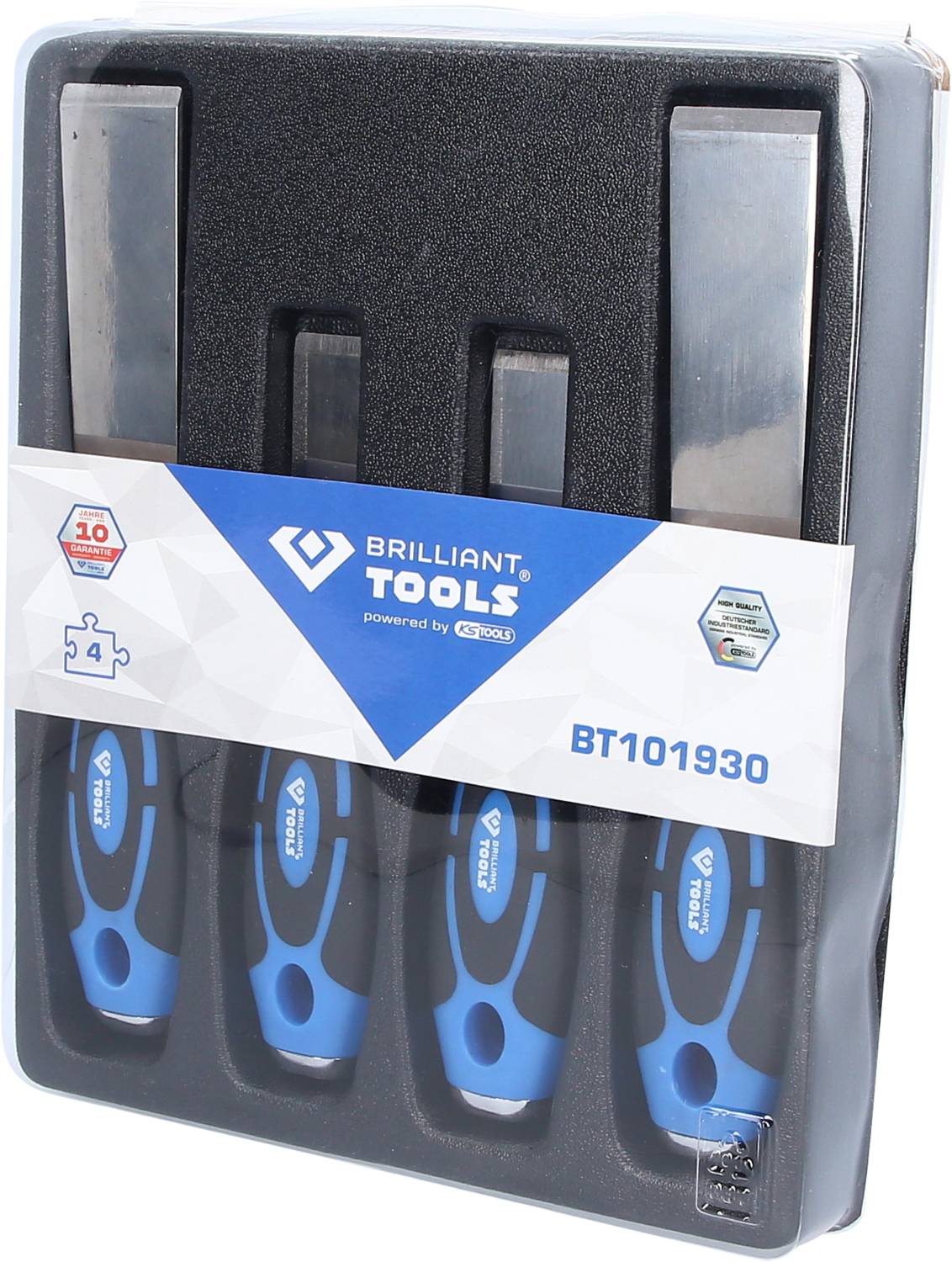 Trois tournevis bleus et noirs dans un emballage portant l'inscription 'BRILLIANT TOOLS'.