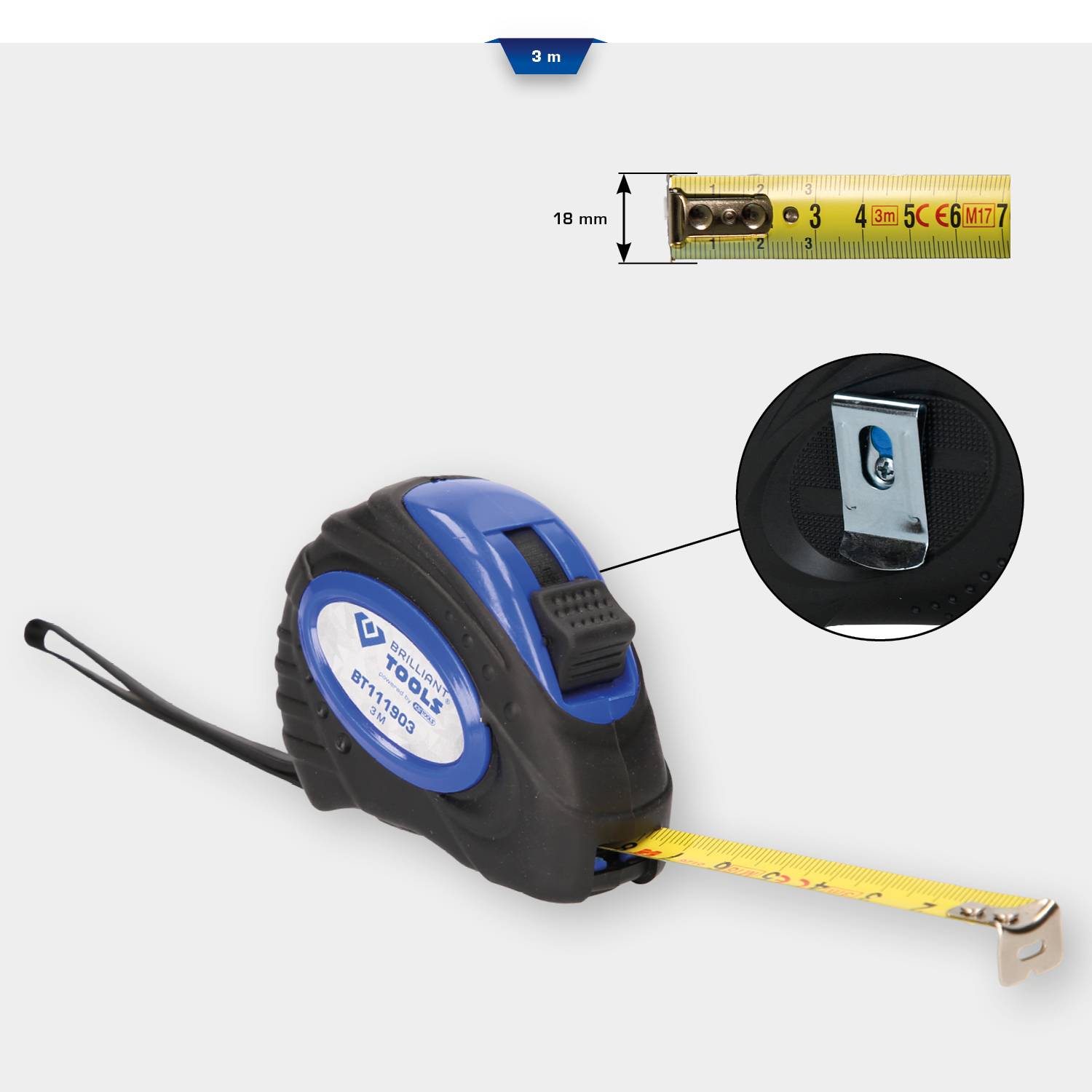 'Ruban à mesurer flexible, long de 3 mètres, indiquant une section claire de 18 mm. Avec boîtier et clip pour une fixation facile.'