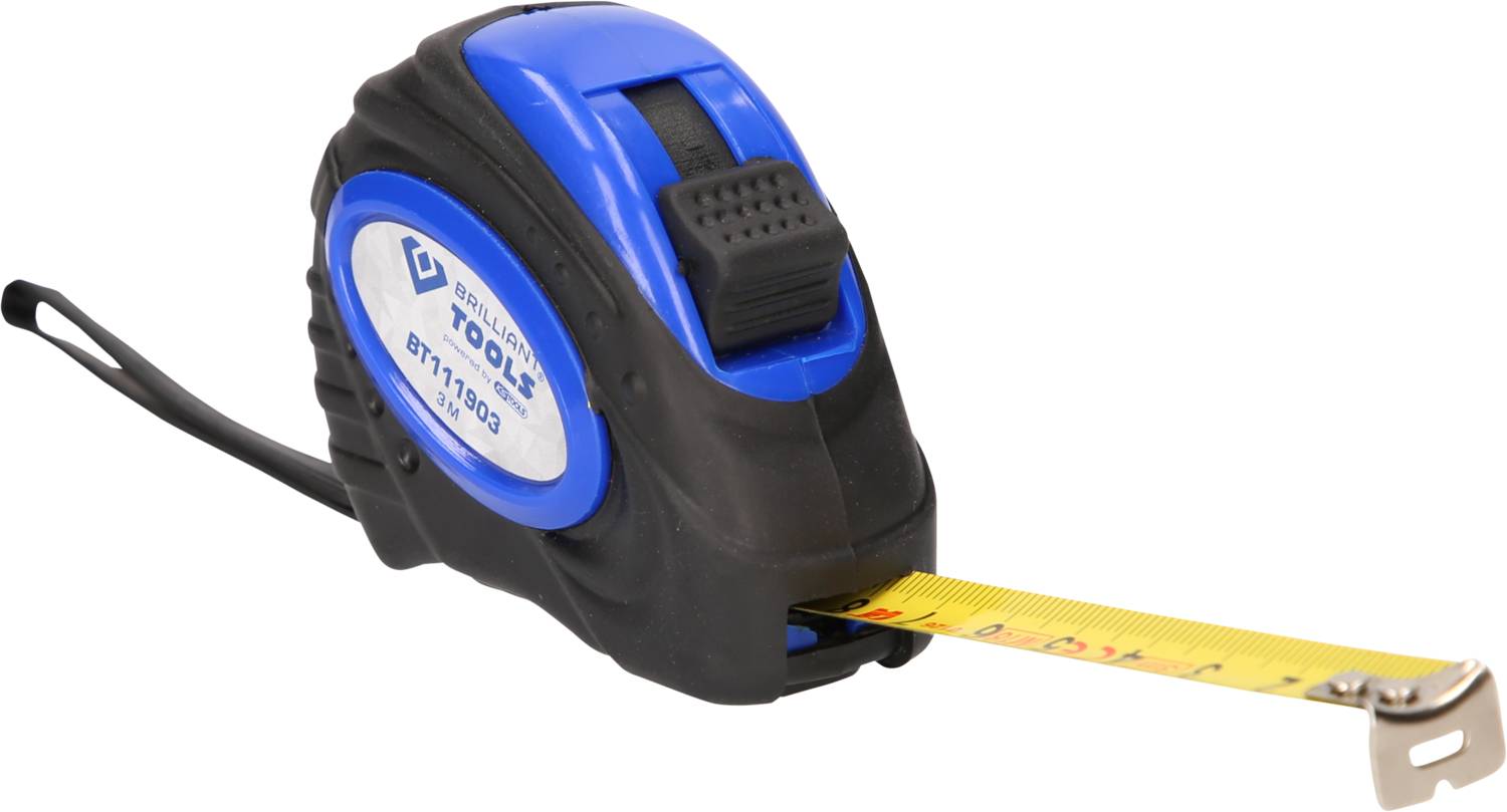 Un mètre ruban bleu-noir avec un ruban jaune légèrement tiré. Il possède une boucle de préhension sur le côté.
