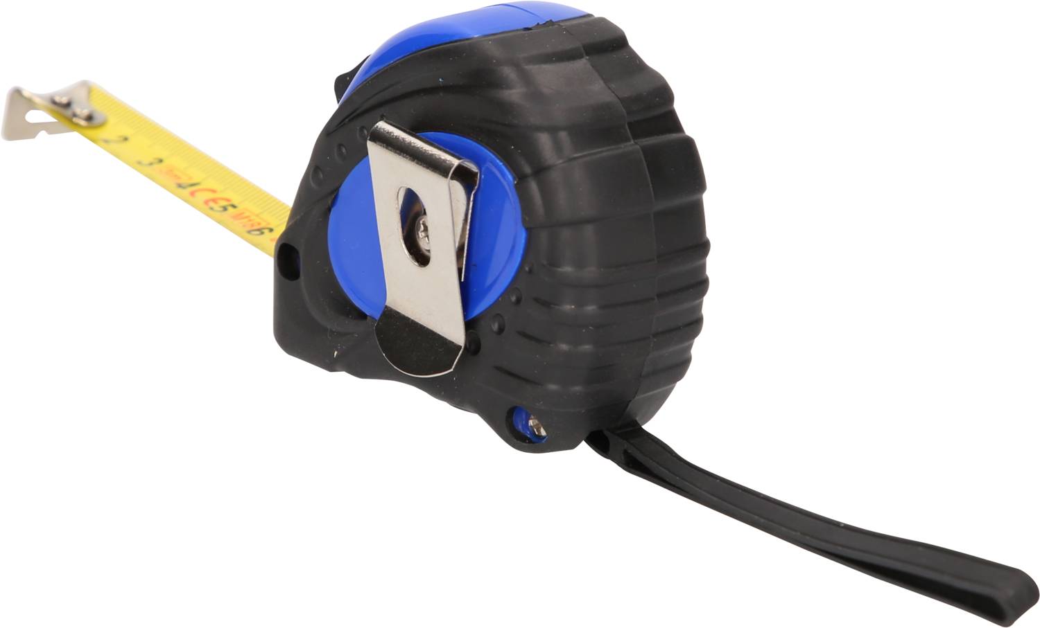 Ruban à mesurer noir et bleu avec un ruban jaune partiellement déroulé.