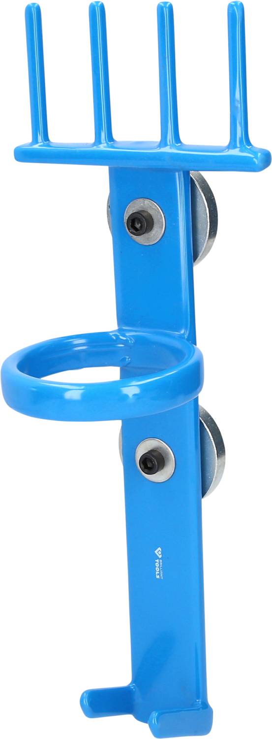 Un support mural bleu à quatre crochets et un support rond en dessous, fixé avec deux supports circulaires. Adapté pour les balais ou les outils.