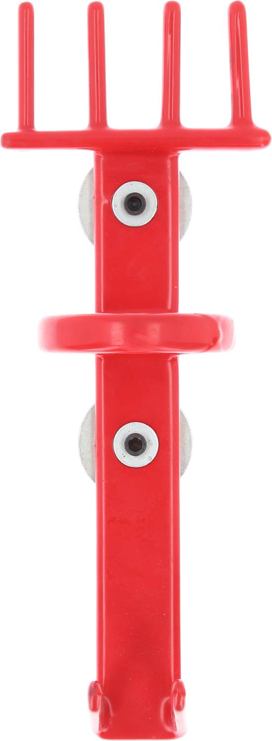 Crochet magnétique rouge en forme de visage stylisé, composé de deux yeux ronds et d'un crochet formant la bouche.