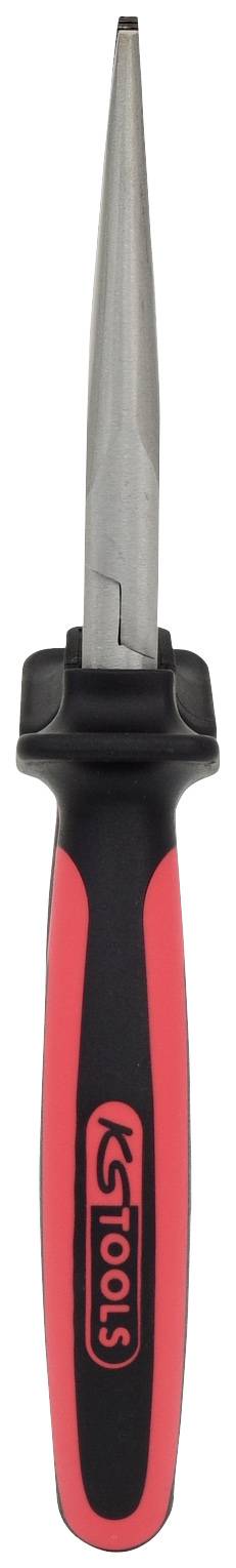 Un tournevis rouge avec une longue tête métallique étroite et une poignée noire portant un marquant trait rouge et un logo.