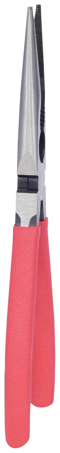 Pince coupante rouge à becs pointus avec des mâchoires longues et étroites pour des travaux de préhension précis, poignées isolées pour une meilleure prise en main.