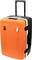 Un coffret à outils orange et noir avec roulettes et poignée. Construction robuste et grande, adapté au transport d'outils et d'équipements.