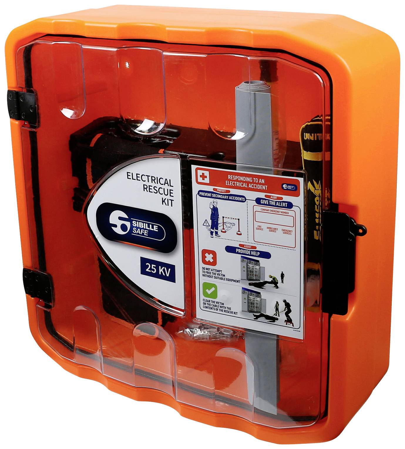 Un boîtier orange portant l'inscription 'Electrical Rescue Kit 25 KV'. À l'intérieur se trouvent des instructions pour les secours en cas d'accident électrique.