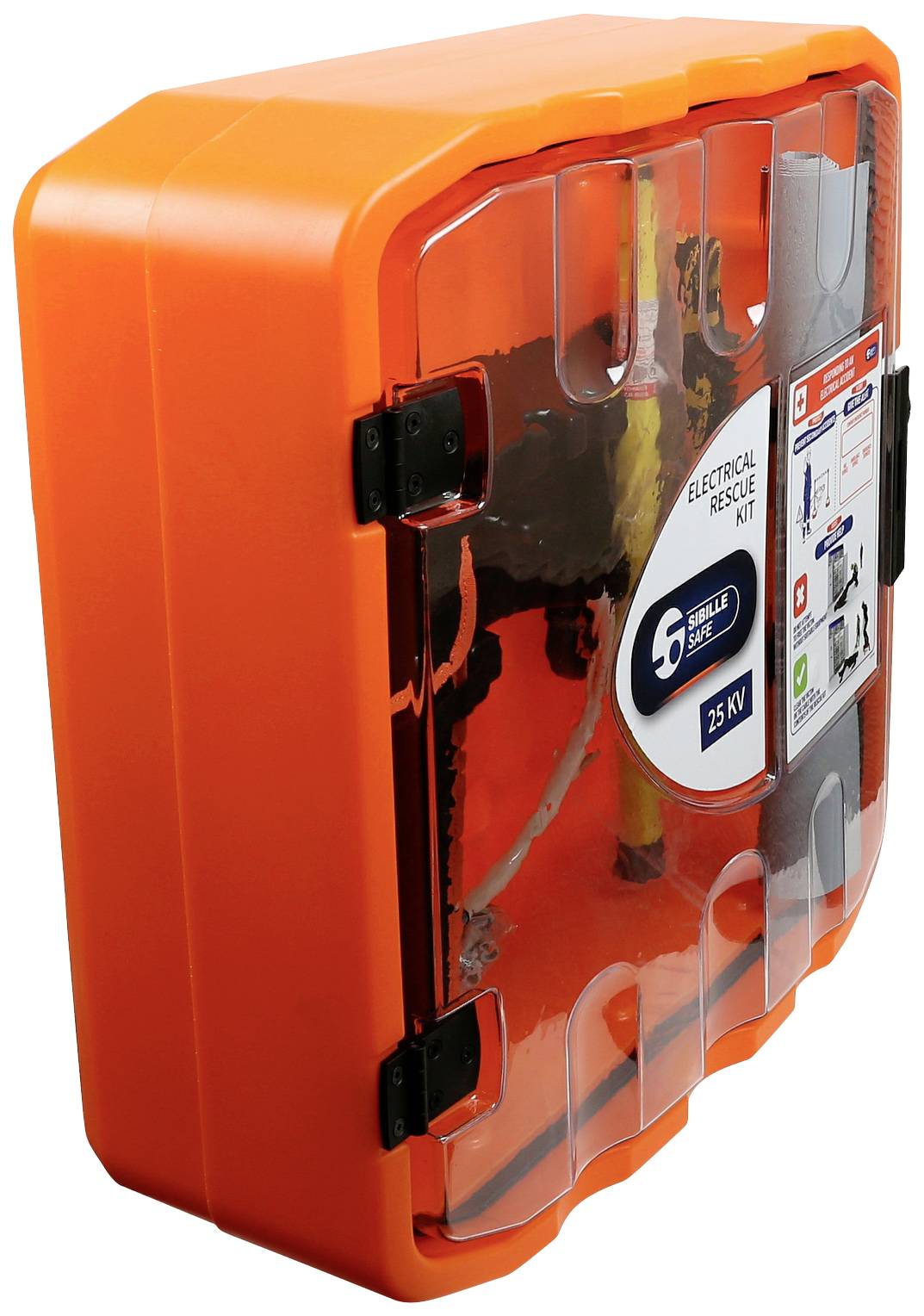 Un kit de sauvetage électrique orange avec un couvercle transparent. Contient des outils et de l'équipement de protection pour les situations d'urgence.