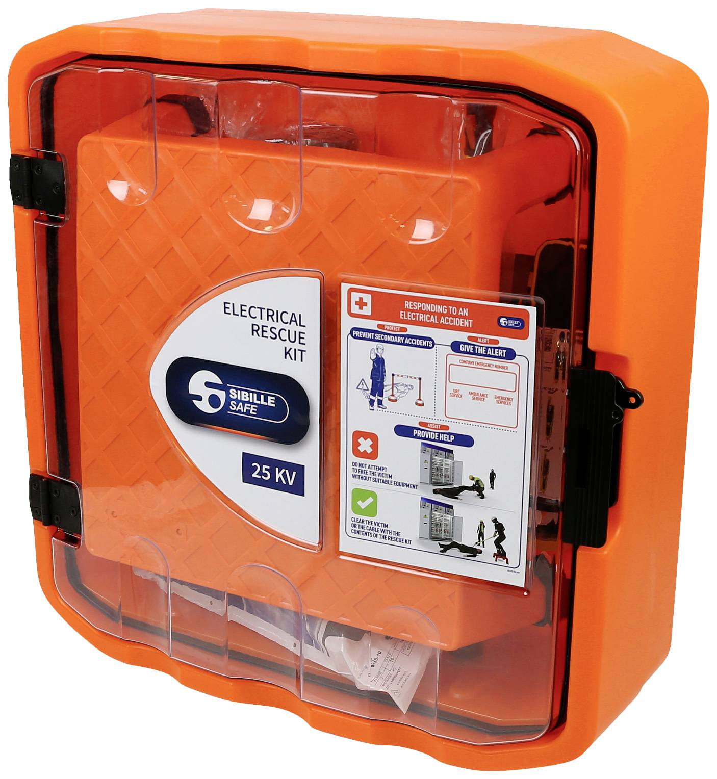 Un kit de sauvetage orange pour urgences électriques portant l'inscription 'Electrical Rescue Kit 25 KV' sur la face avant.
