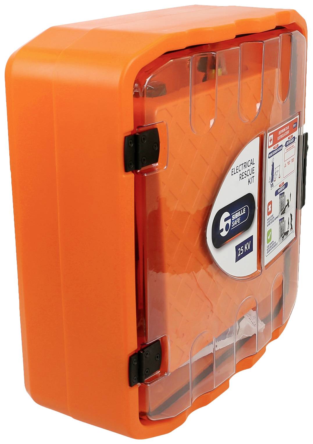 Kit de secours orange pour sauvetage électrique, adapté jusqu'à 25 kV. Contient de l'équipement de sécurité et est destiné aux situations d'urgence.