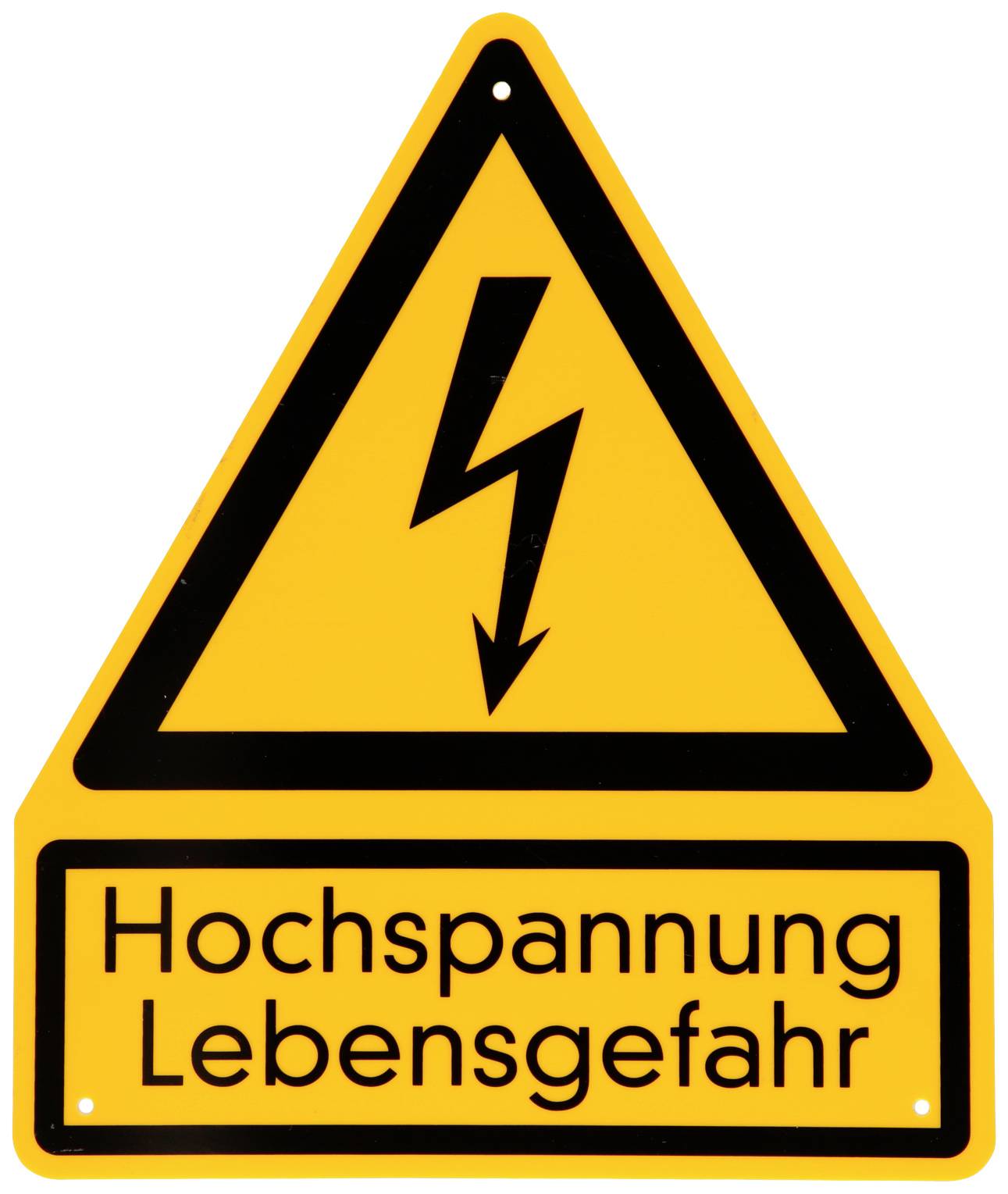 Panneau triangulaire jaune avec un symbole de foudre noir. Texte en dessous : 'Haute tension Danger de mort'. Avertit du risque électrique.