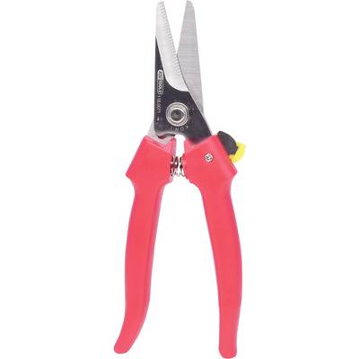 Sécateur rouge avec lames en argent et verrou de sécurité noir, adapté à la coupe des plantes et des fleurs.