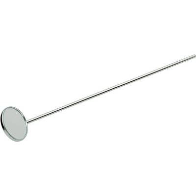 Miroir dentaire avec manche long et élancé et tête de miroir ronde, outil typique pour l'examen des dents.