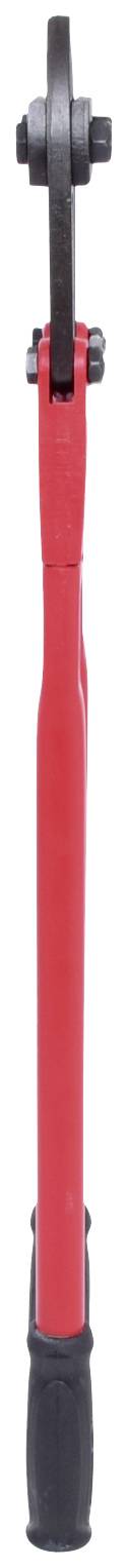 Un outil rouge, probablement un coupe-boulons, avec des poignées noires et une tête de coupe, utilisé pour couper des barres métalliques.